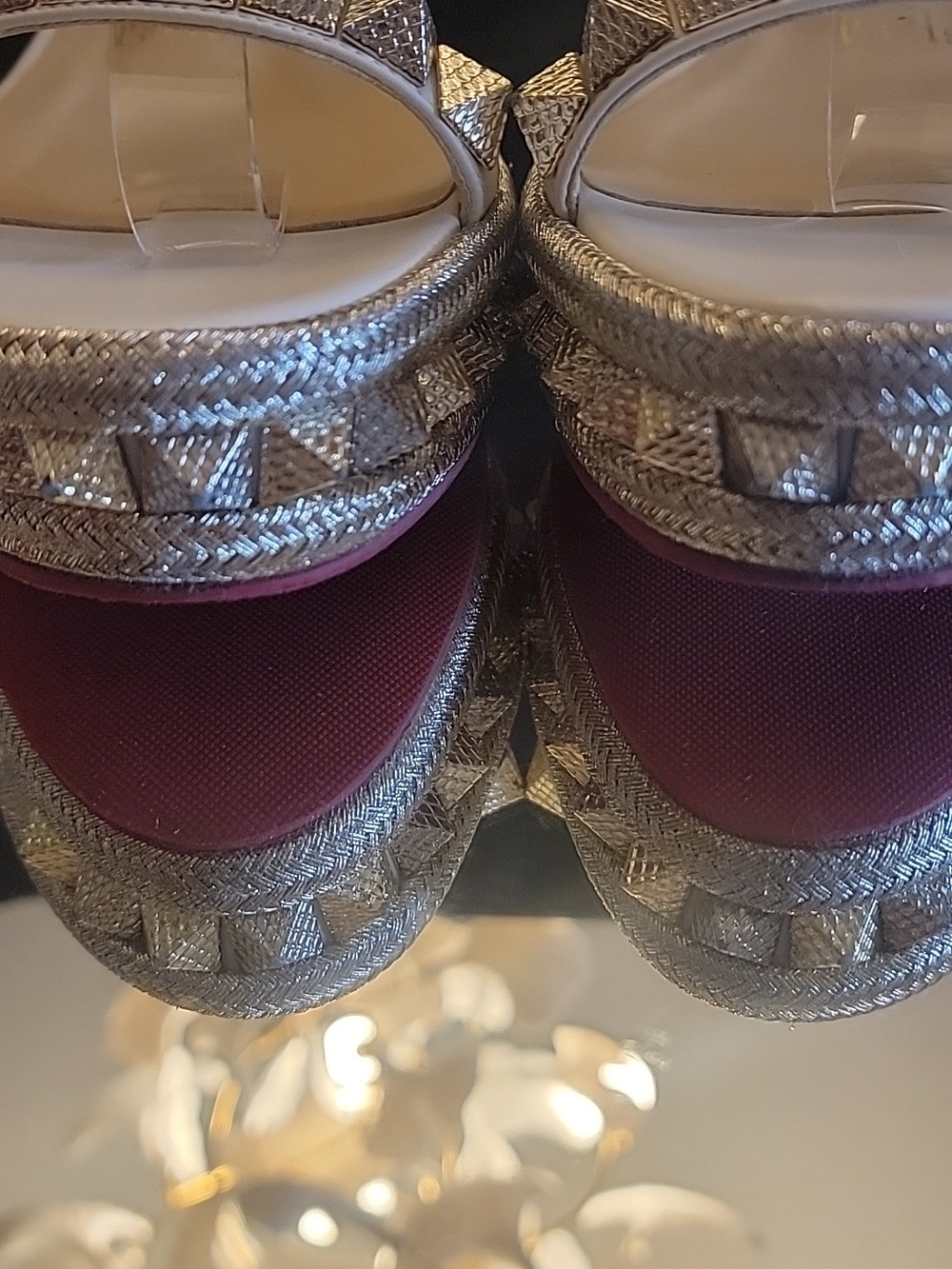 Christian Louboutinn White Kid Leather  Studded Sandals with Gold Accents Sz36 - Picture 5 of 14